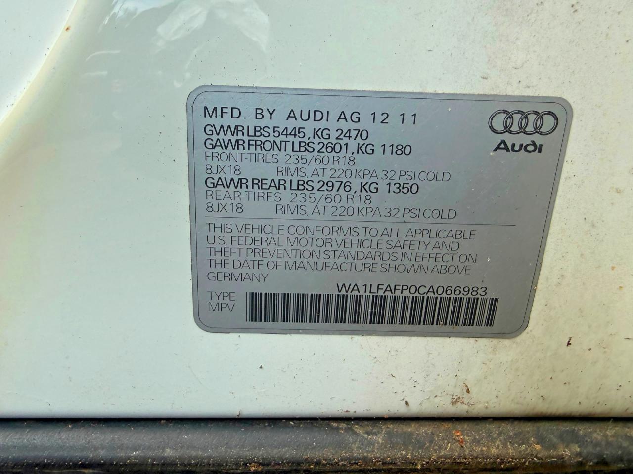 2012 Audi Q5 Premium Plus Белый vin: WA1LFAFP0CA06698