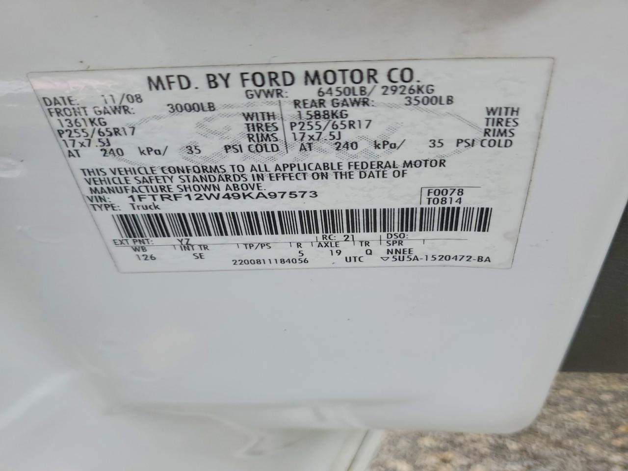2009 Ford F150 White vin: 1FTRF12W49KA97573
