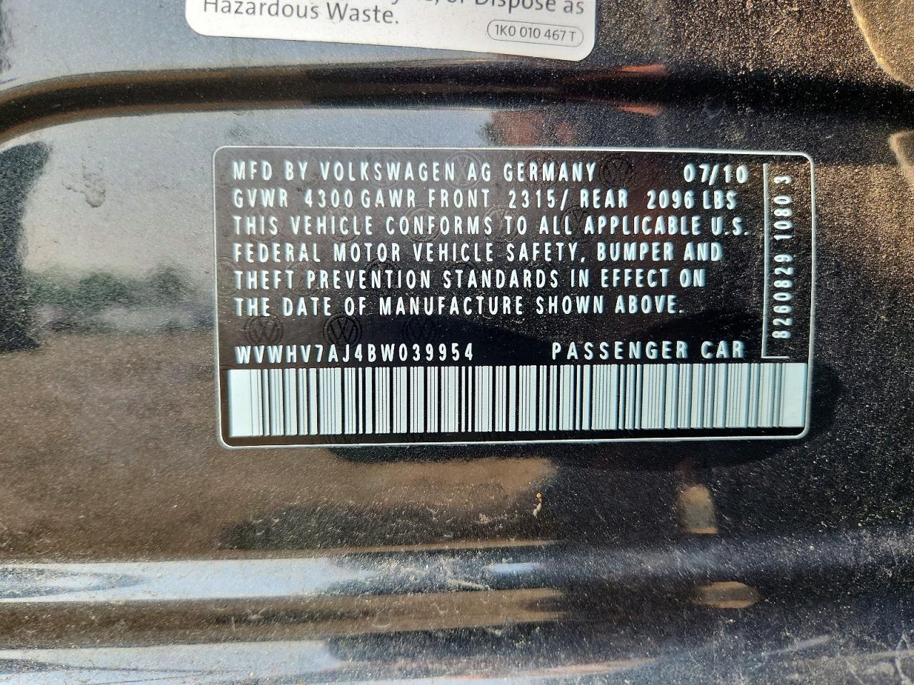2011 Volkswagen Gti Black vin: WVWHV7AJ4BW039954