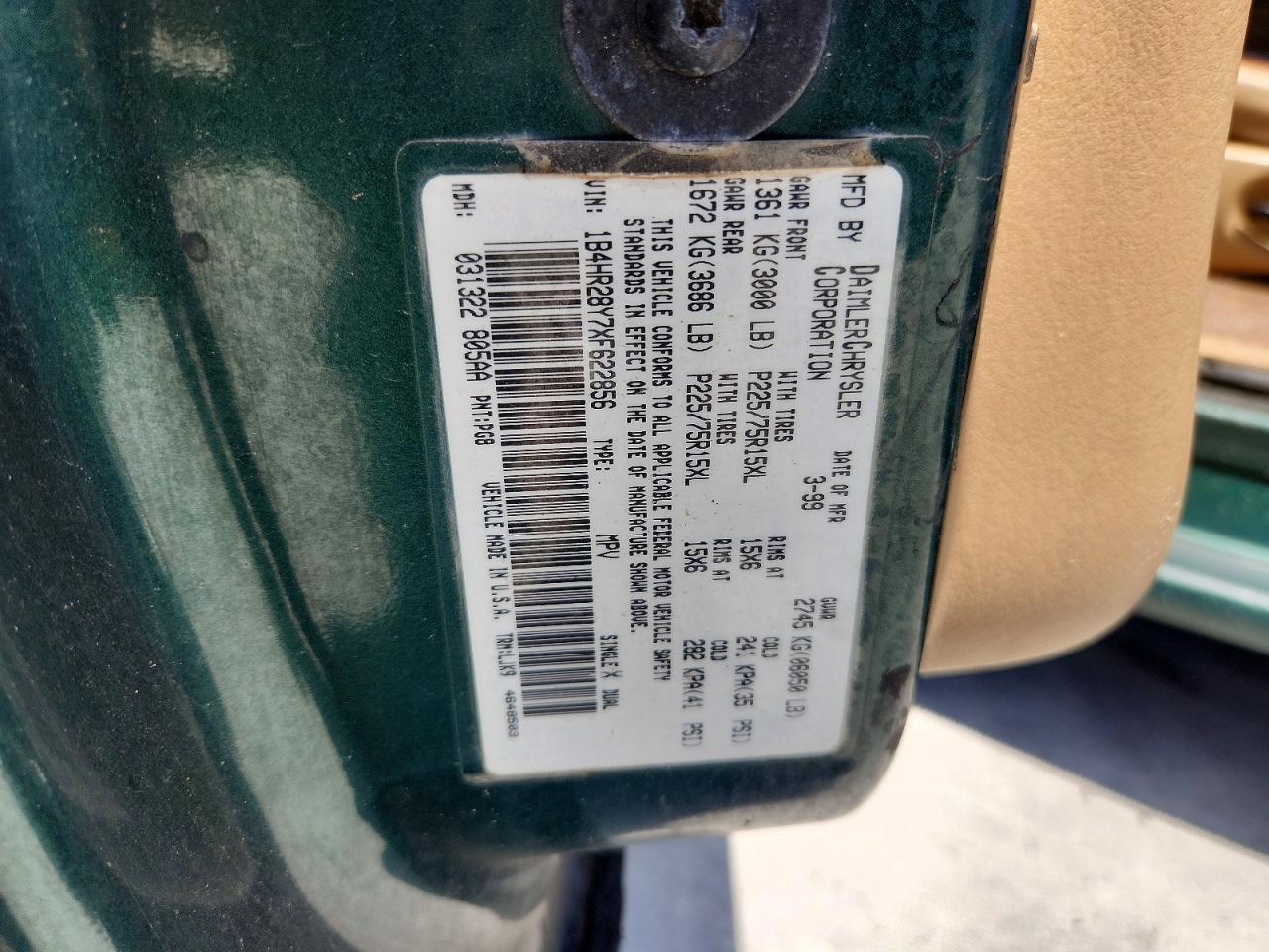 1999 Dodge Durango Green vin: 1B4HR28Y7XF622856