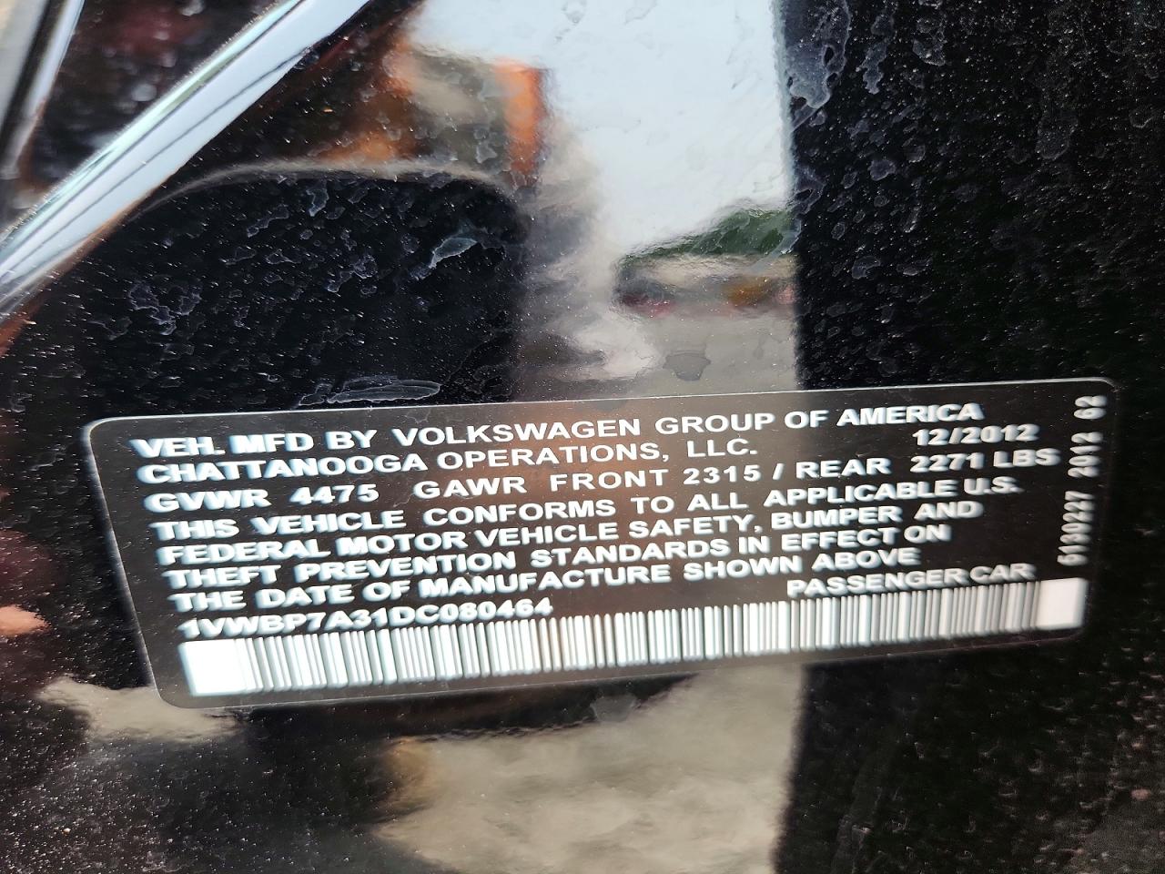 2013 Volkswagen Passat Se Black vin: 1VWBP7A31DC080464