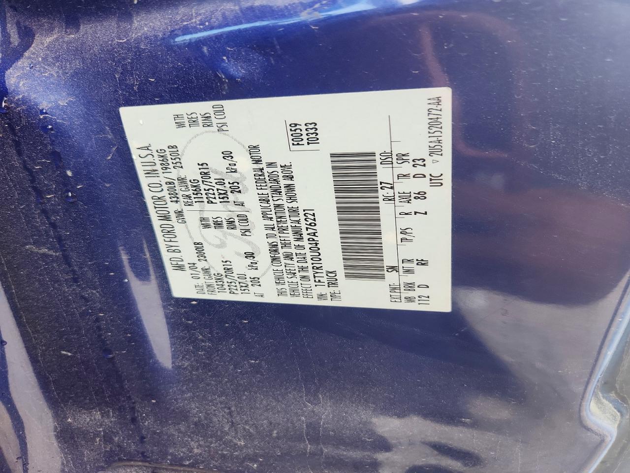 2004 Ford Ranger Blue vin: 1FTYR10U04PA76221