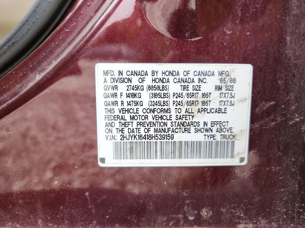 2008 Honda Ridgeline Rts Maroon vin: 2HJYK16418H539159