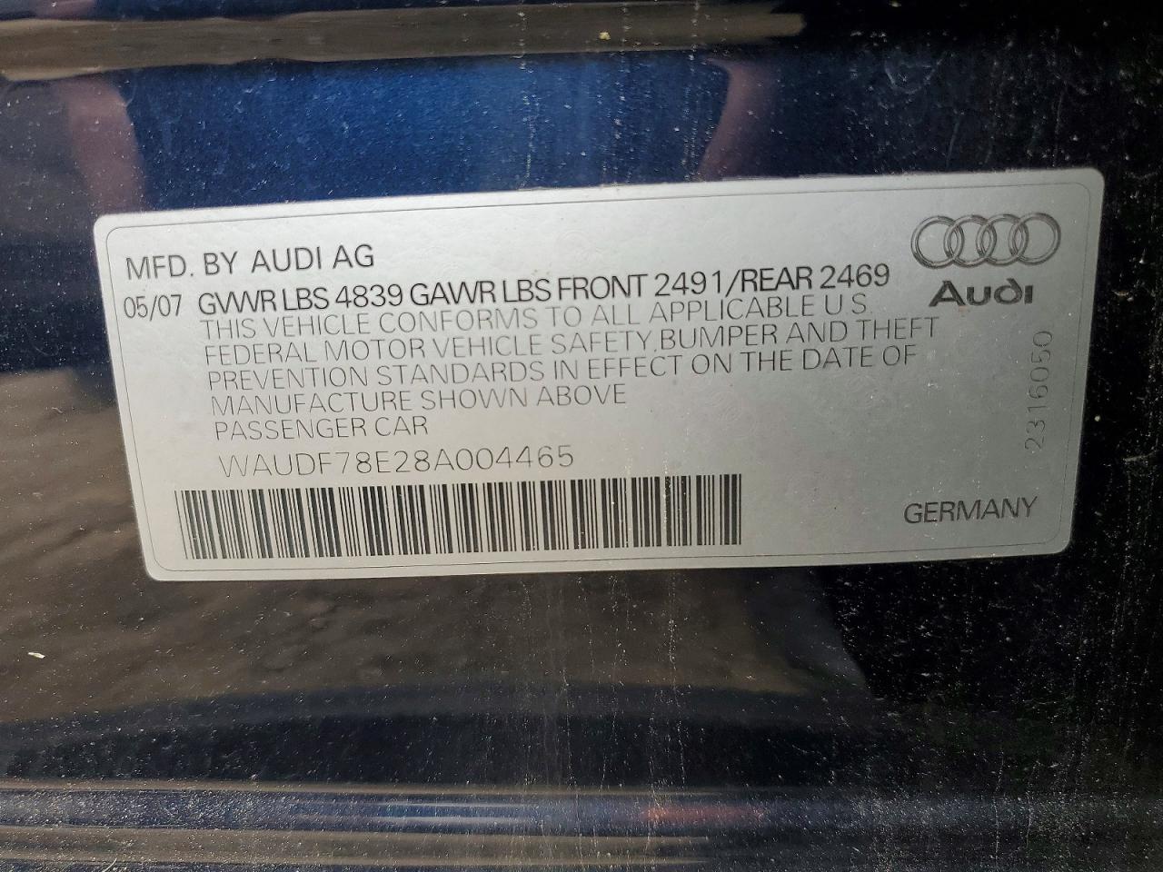 2008 Audi A4 2.0t Quattro Blue vin: WAUDF78E28A004465
