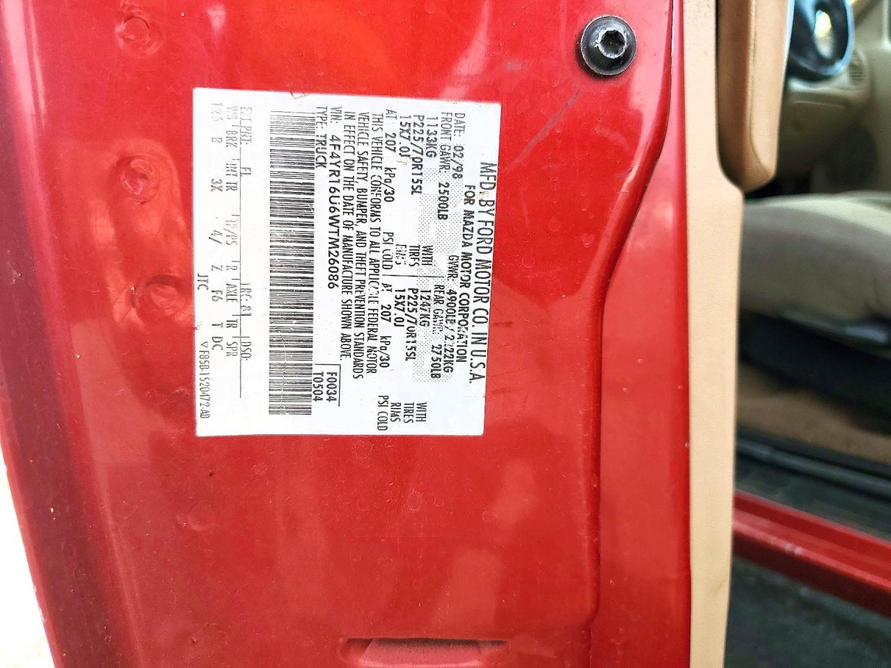 1998 Mazda B3000 Cab Plus Red vin: 4F4YR16U6WTM26086