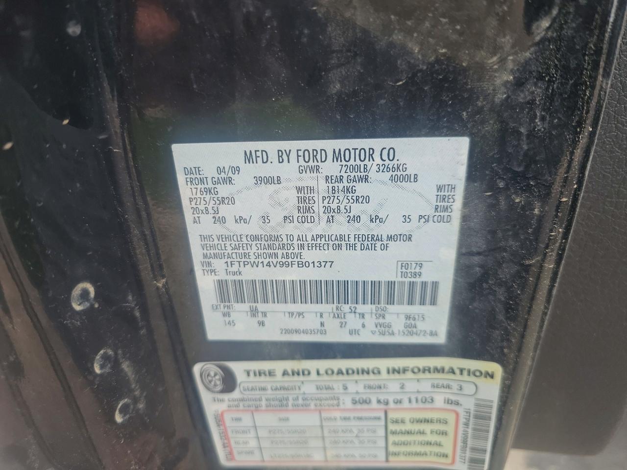2009 Ford F150 Supercrew Black vin: 1FTPW14V99FB01377