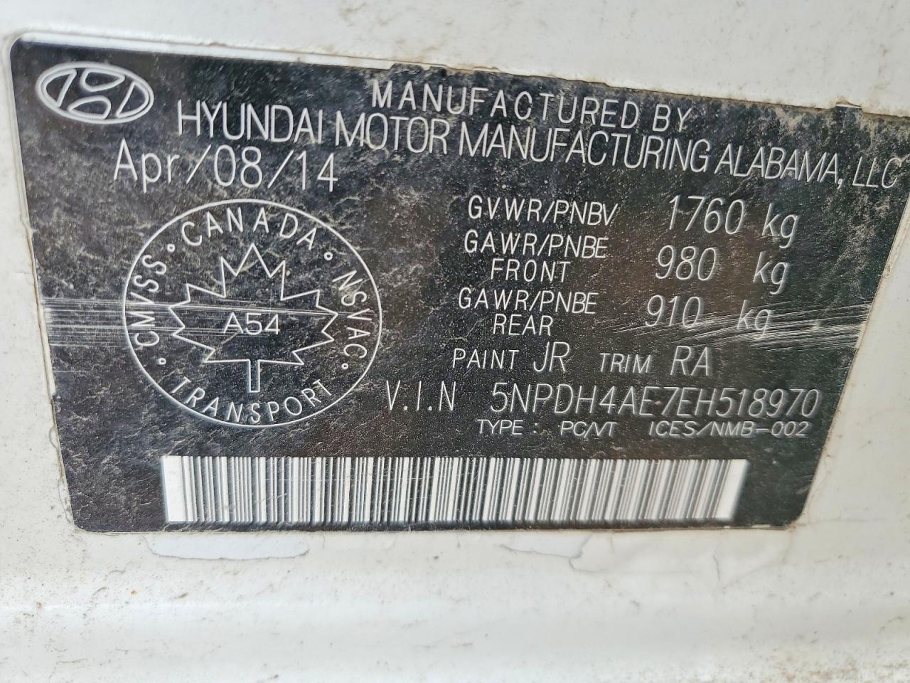 2014 Hyundai Elantra Se White vin: 5NPDH4AE7EH518970