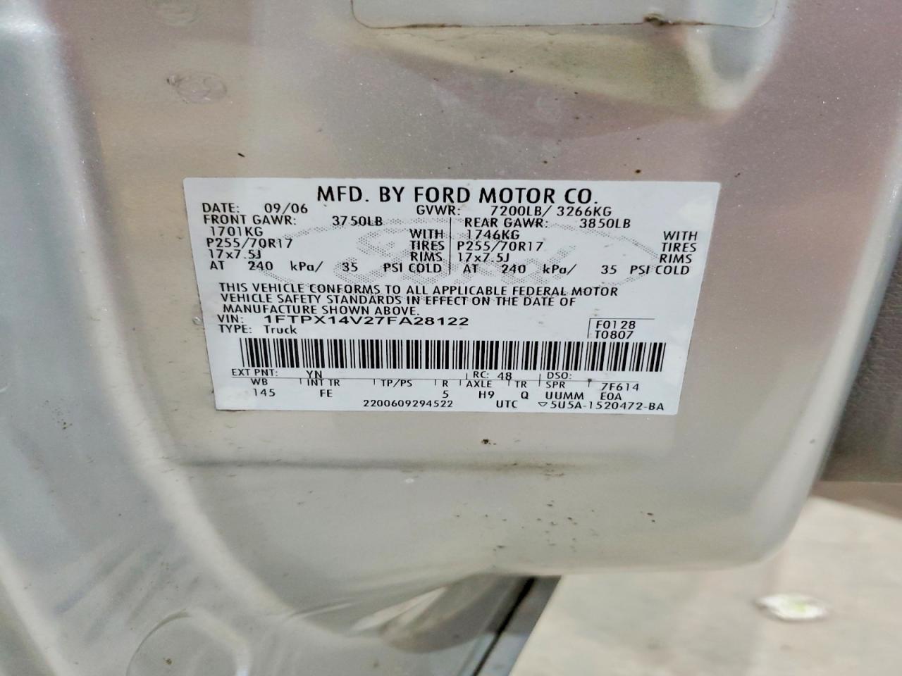 2007 Ford F150 Silver vin: 1FTPX14V27FA28122