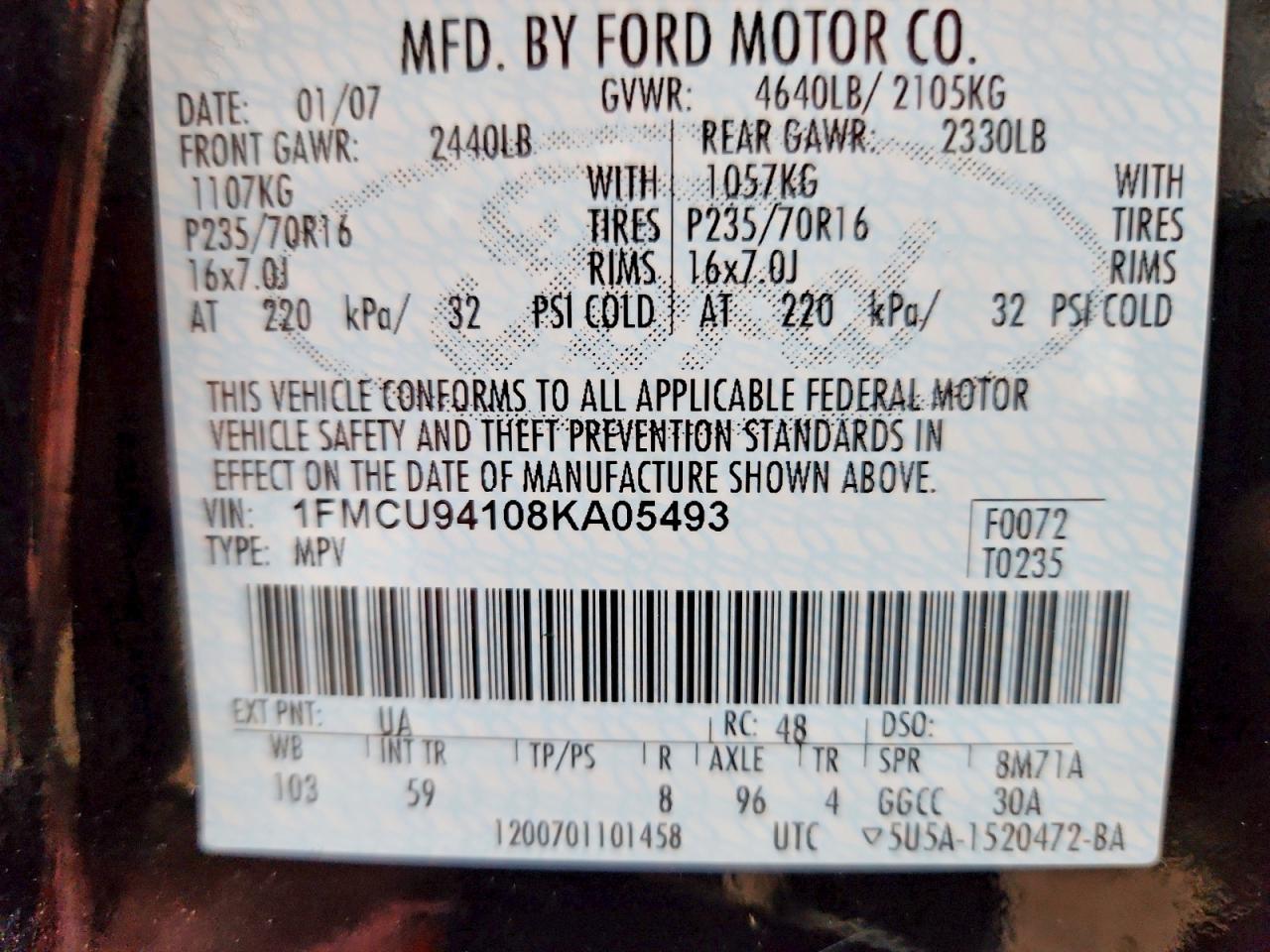 2008 Ford Escape Limited Black vin: 1FMCU94108KA05493