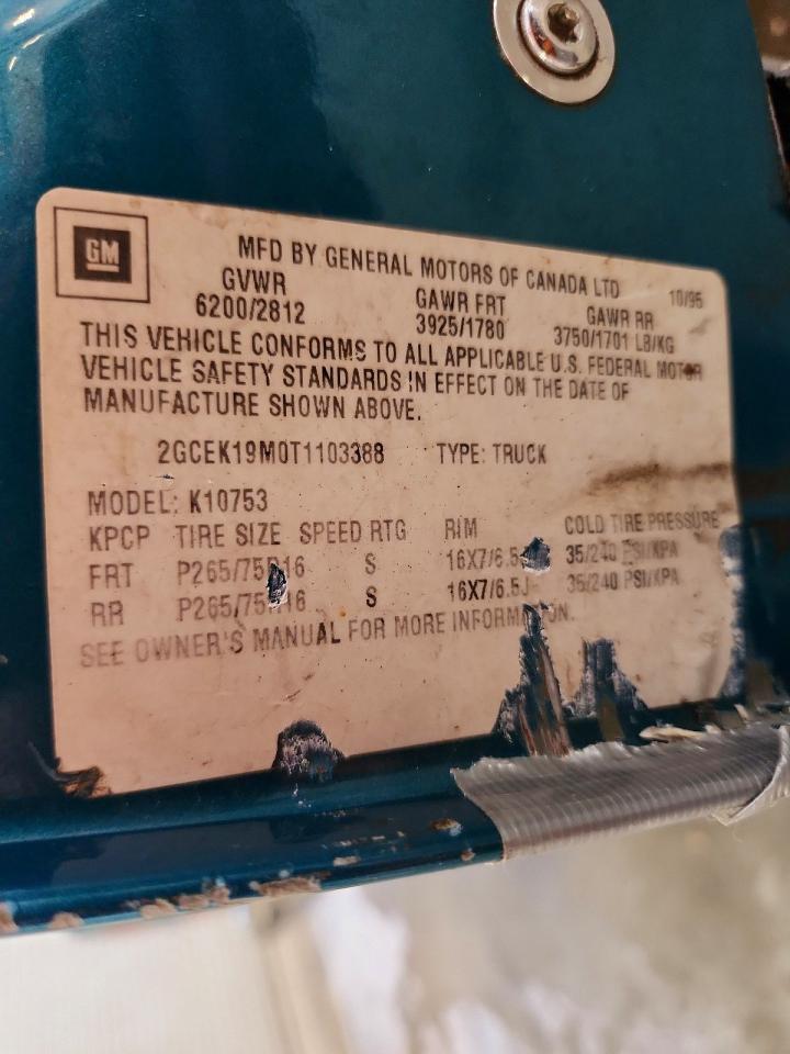 1996 Chevrolet Gmt-400 K1500 Teal vin: 2GCEK19M0T1103388