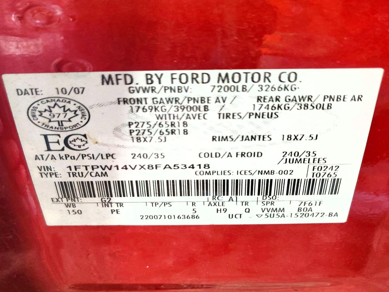 2008 Ford F150 Supercrew Red vin: 1FTPW14VX8FA53418