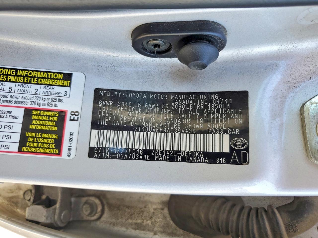 2010 Toyota Corolla Le Silver vin: 2T1BU4EE9AC394436