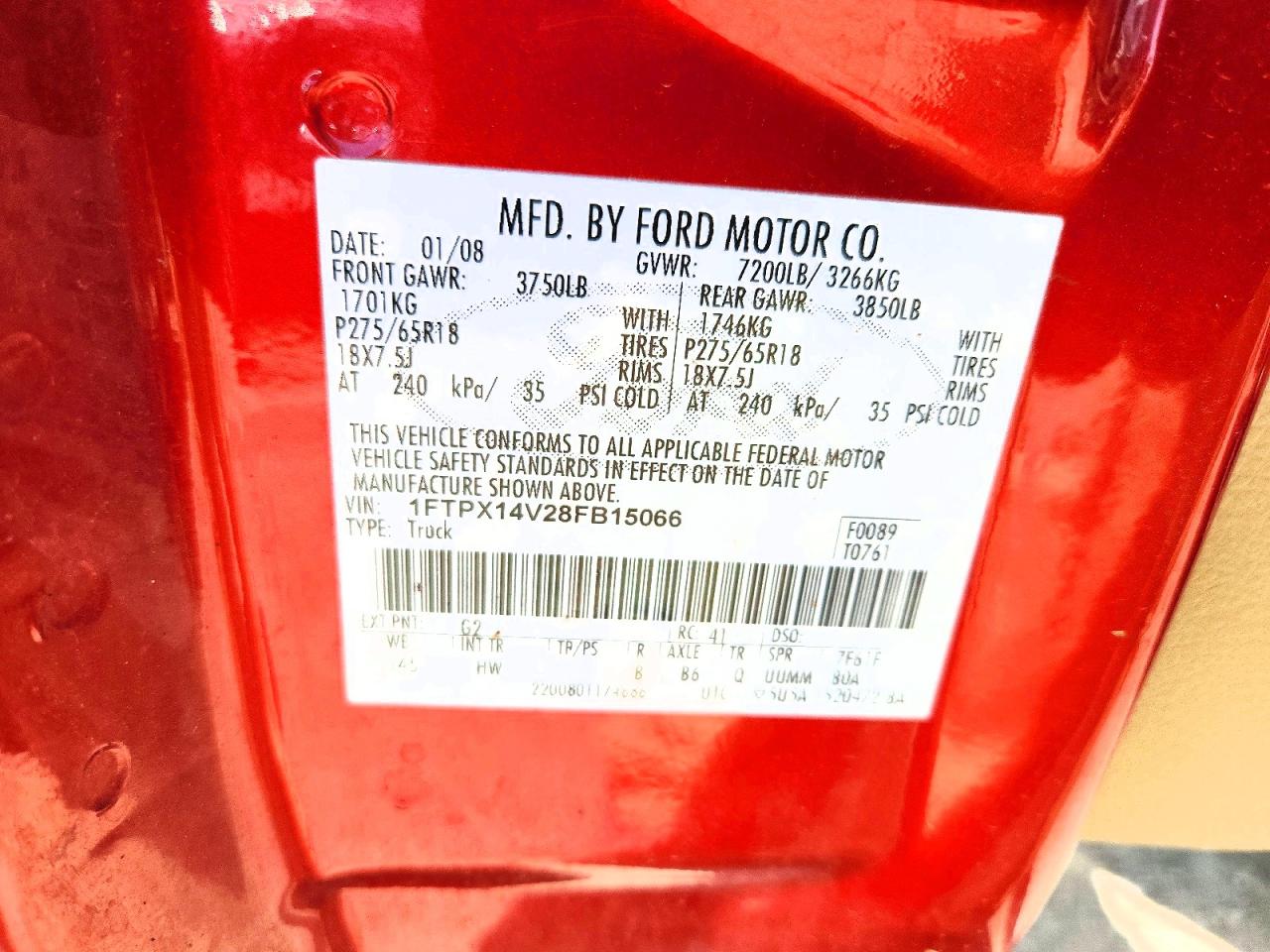 2008 Ford F150 Red vin: 1FTPX14V28FB15066