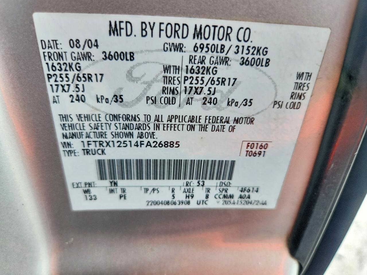 2004 Ford F150 Silver vin: 1FTRX12514FA26885