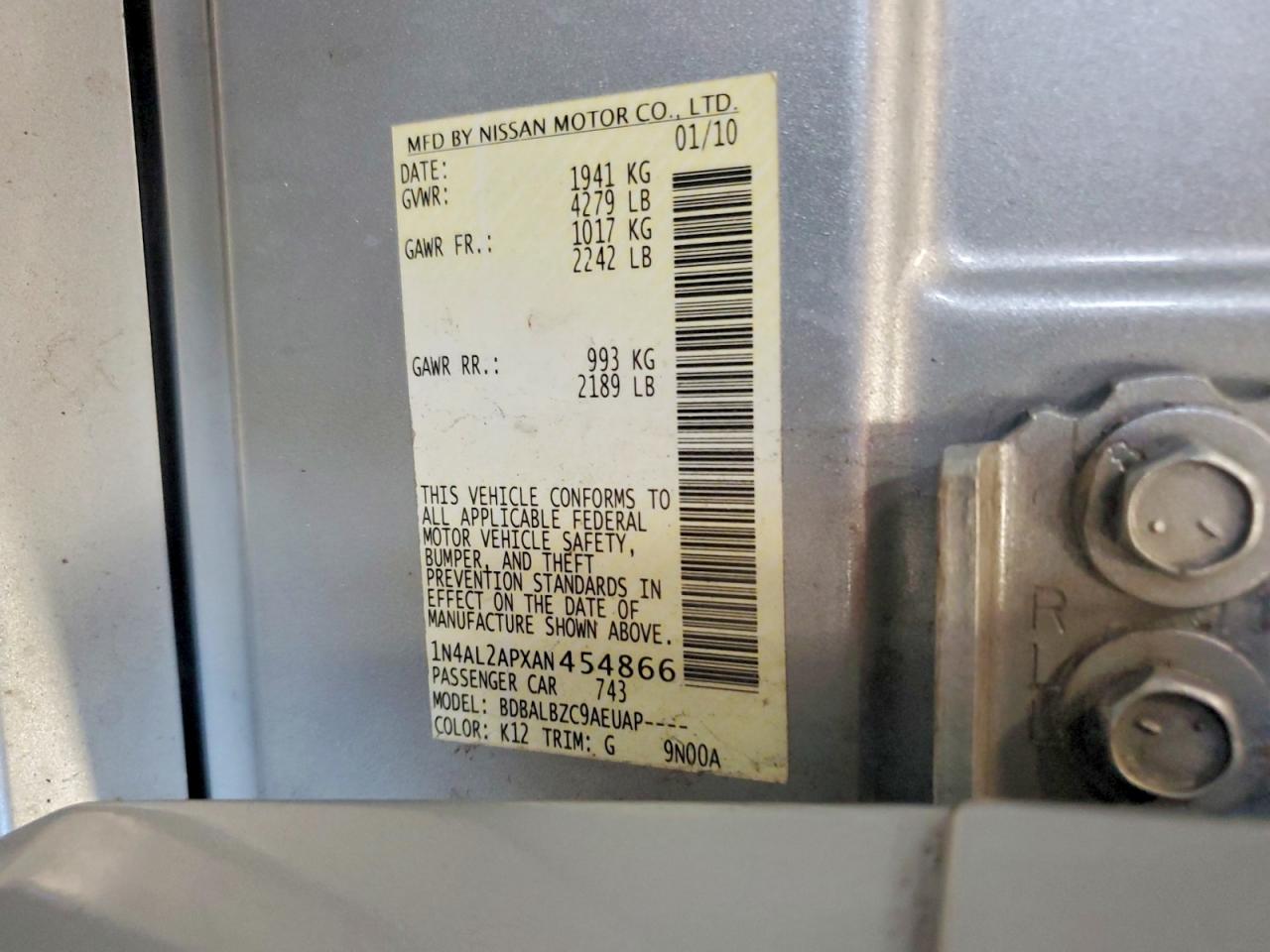 2010 Nissan Altima 2.5 Silver vin: 1N4AL2APXAN454866