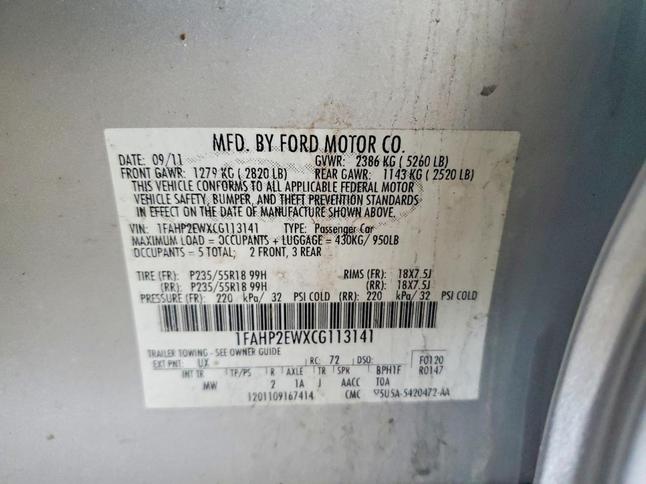 2012 Ford Taurus Sel Silver vin: 1FAHP2EWXCG113141
