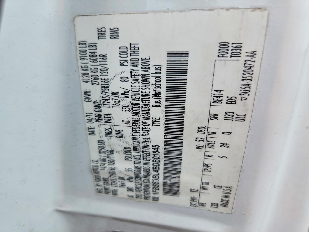 2011 Ford Econoline E350 Super Duty Wagon White vin: 1FBSS3BL4BDB01845