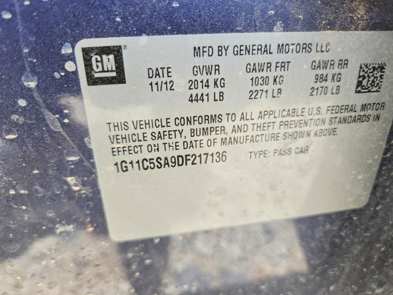 2013 Chevrolet Malibu Синий vin: 1G11C5SA9DF217136