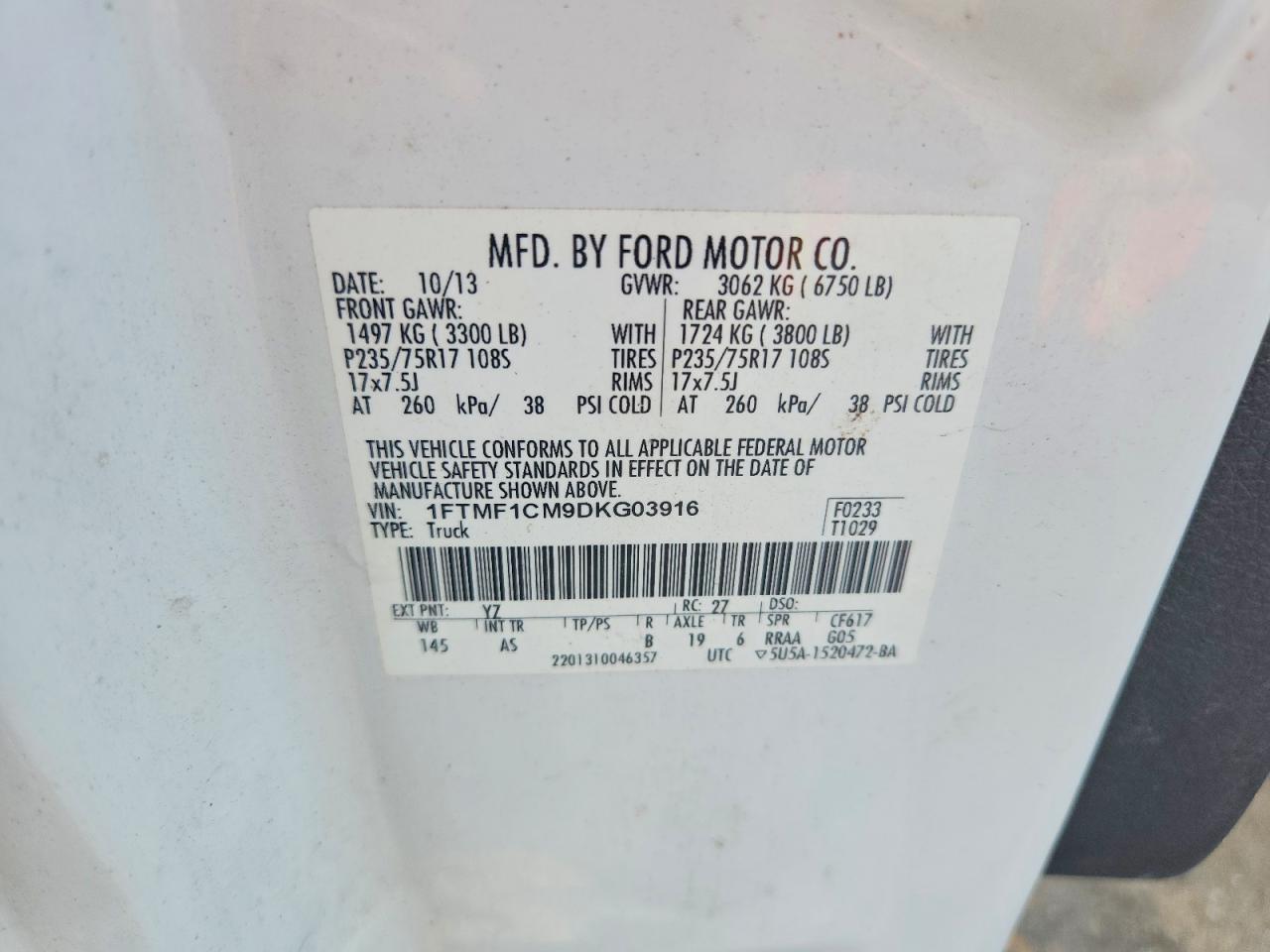 2013 Ford F150 Белый vin: 1FTMF1CM9DKG03916