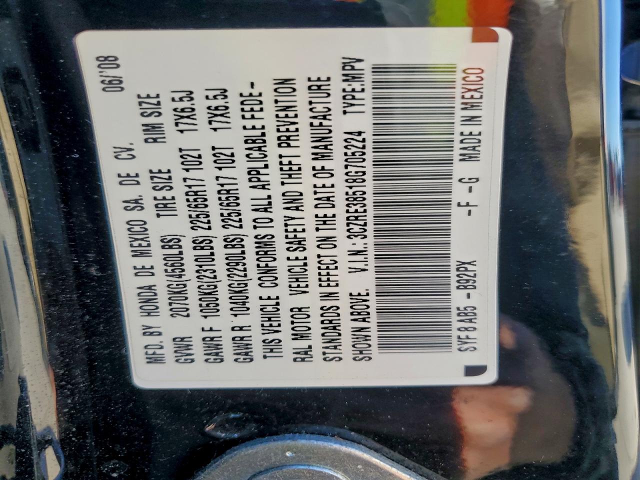 2008 Honda Cr-v Ex Black vin: 3CZRE38518G705224