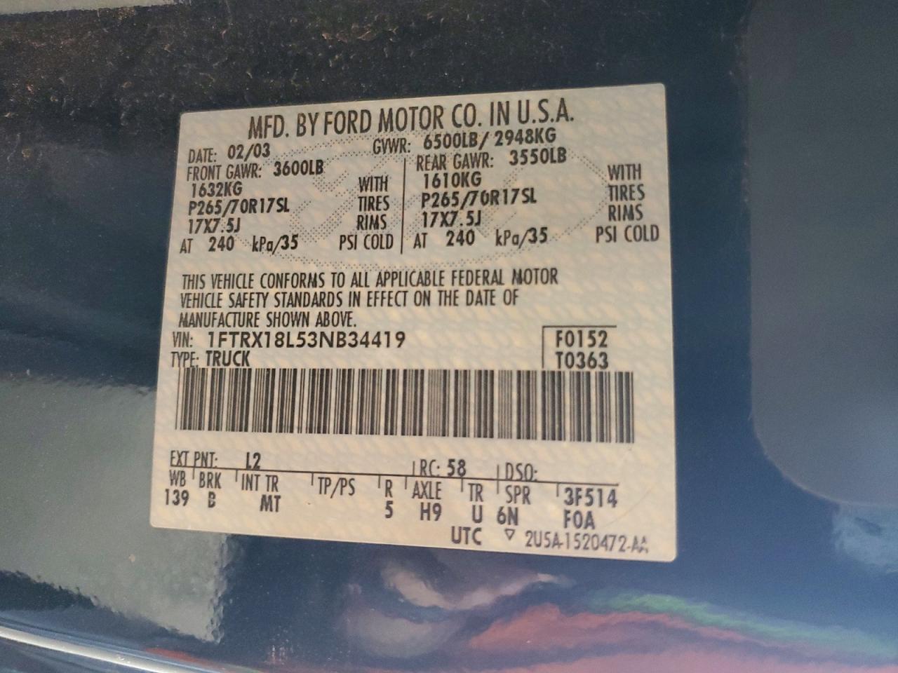 2003 Ford F150 Blue vin: 1FTRX18L53NB34419