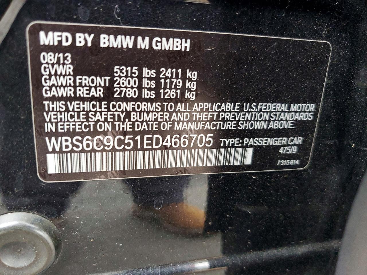 2014 Bmw M6 Gran Coupe Black vin: WBS6C9C51ED466705