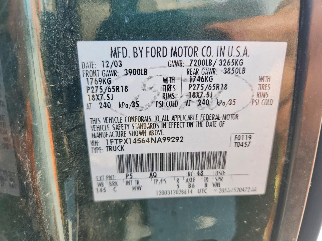 2004 Ford F150 Зеленый vin: 1FTPX14564NA99292