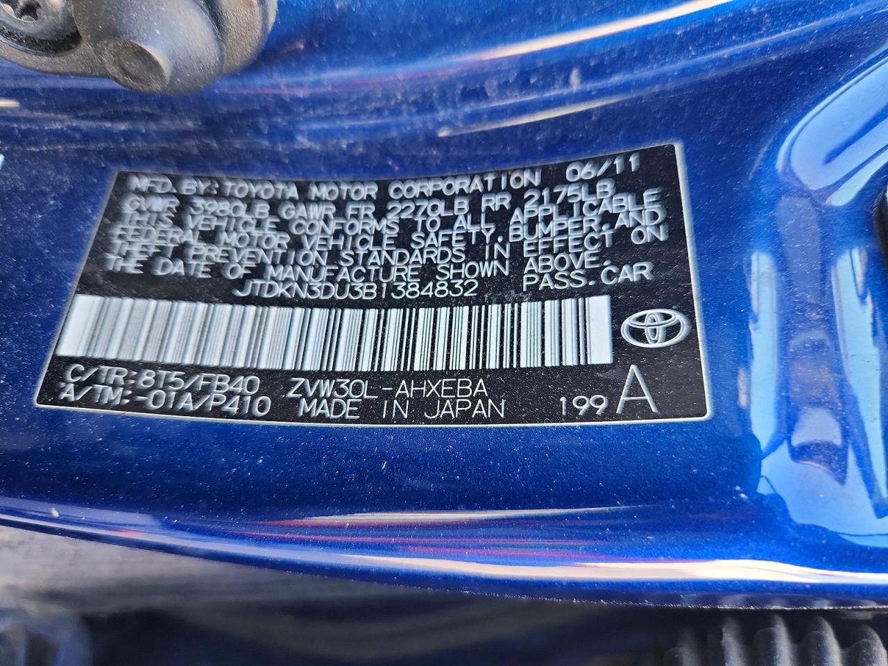 2011 Toyota Prius Two Blue vin: JTDKN3DU3B1384832
