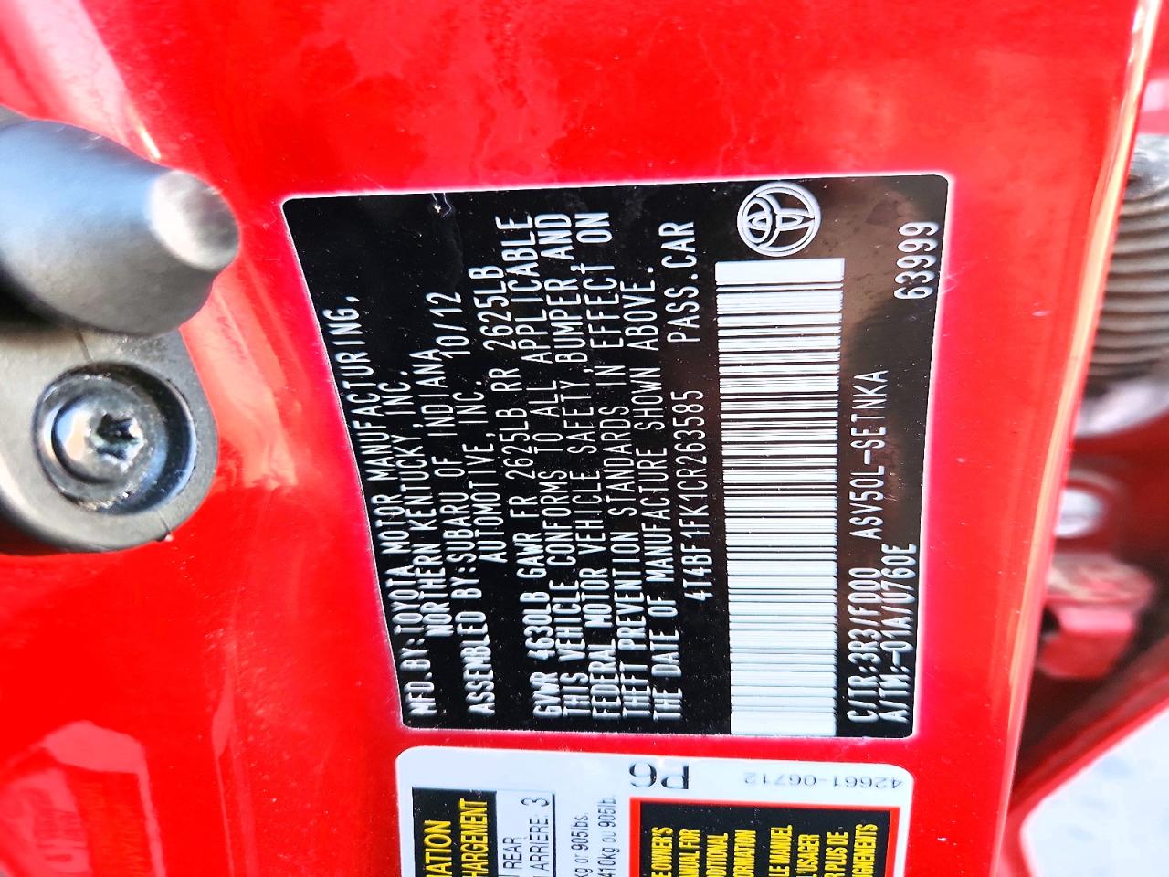 2012 Toyota Camry Le Red vin: 4T4BF1FK1CR263585