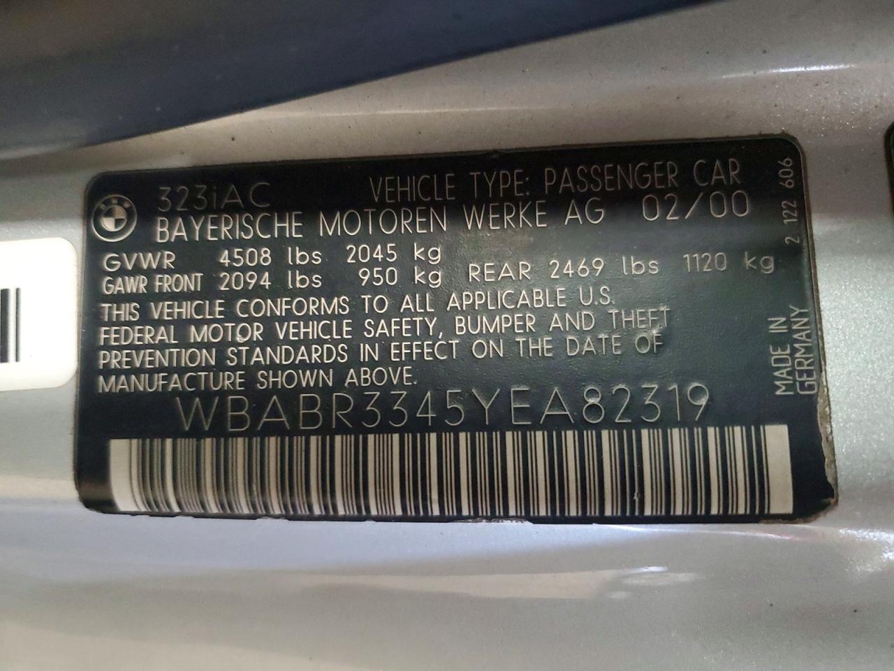 2000 Bmw 323 Ci Серебряный vin: WBABR3345YEA82319