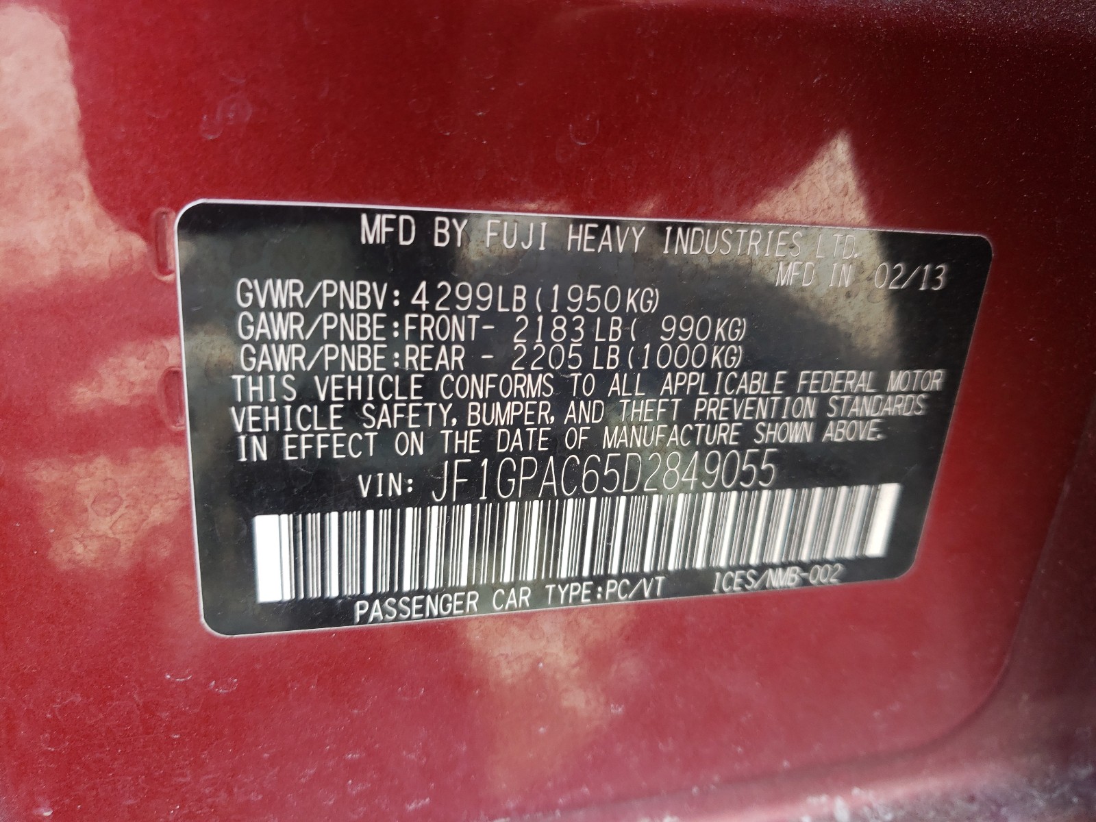 2013 Subaru Impreza Premium Red vin: JF1GPAC65D2849055
