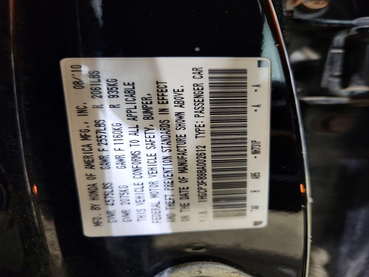 2011 Hond Accord Black vin: 1HGCP3F89BA002612
