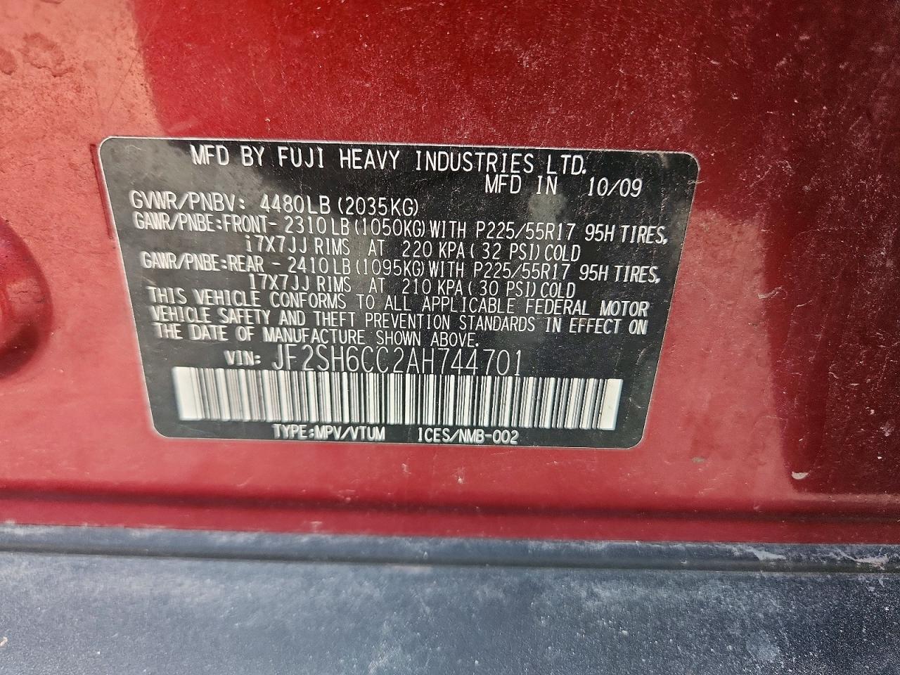 2010 Subaru Forester 2.5x Premium Red vin: JF2SH6CC2AH744701