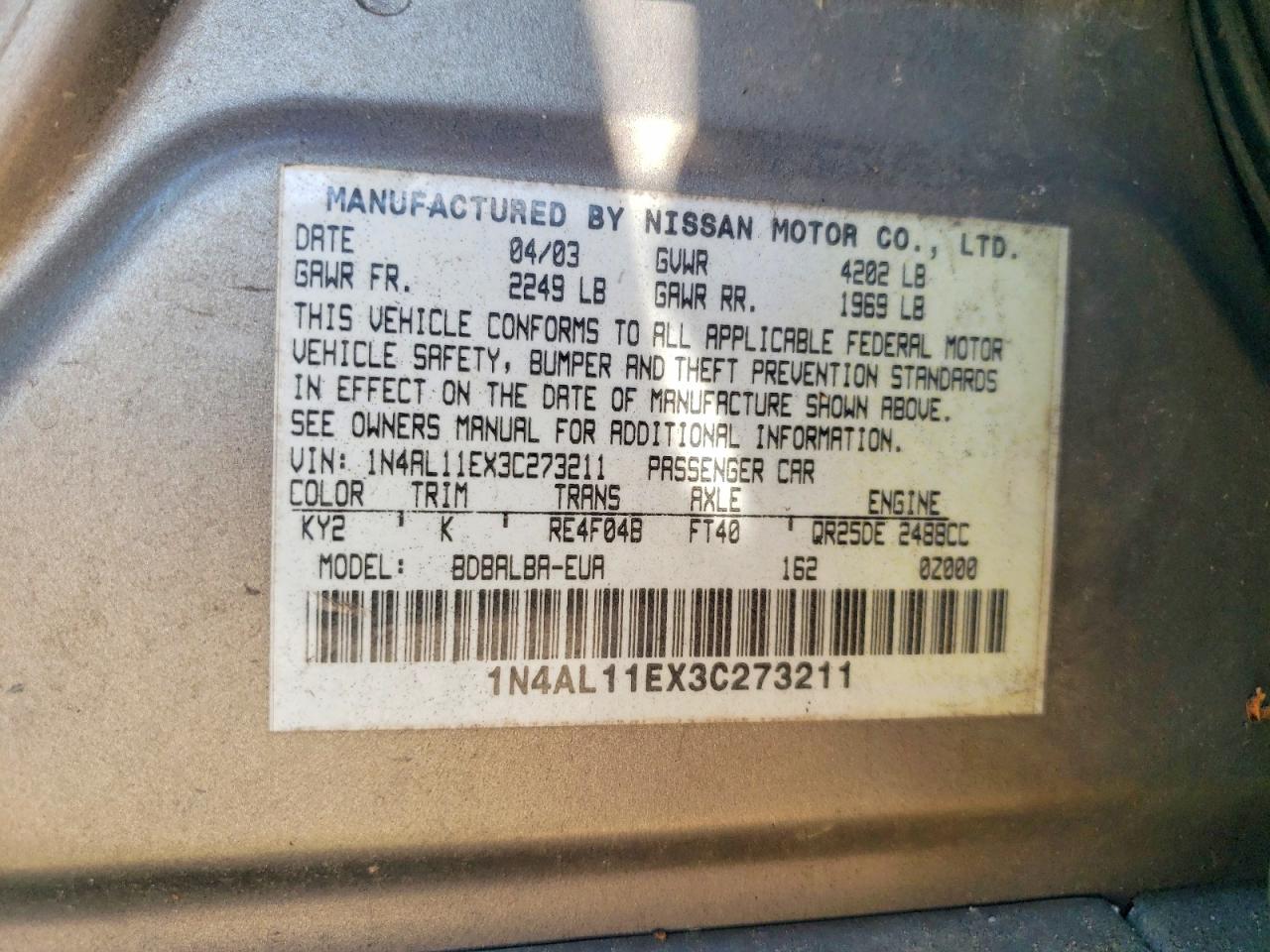 2003 Nissan Altima 2.5 S Gray vin: 1N4AL11EX3C273211