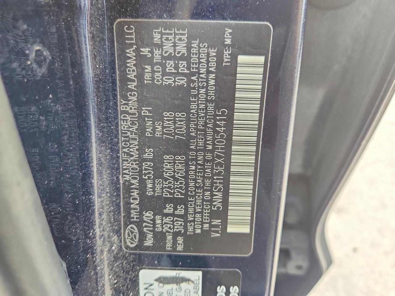 2007 Hyundai Santa Fe Se Blue vin: 5NMSH13EX7H054415