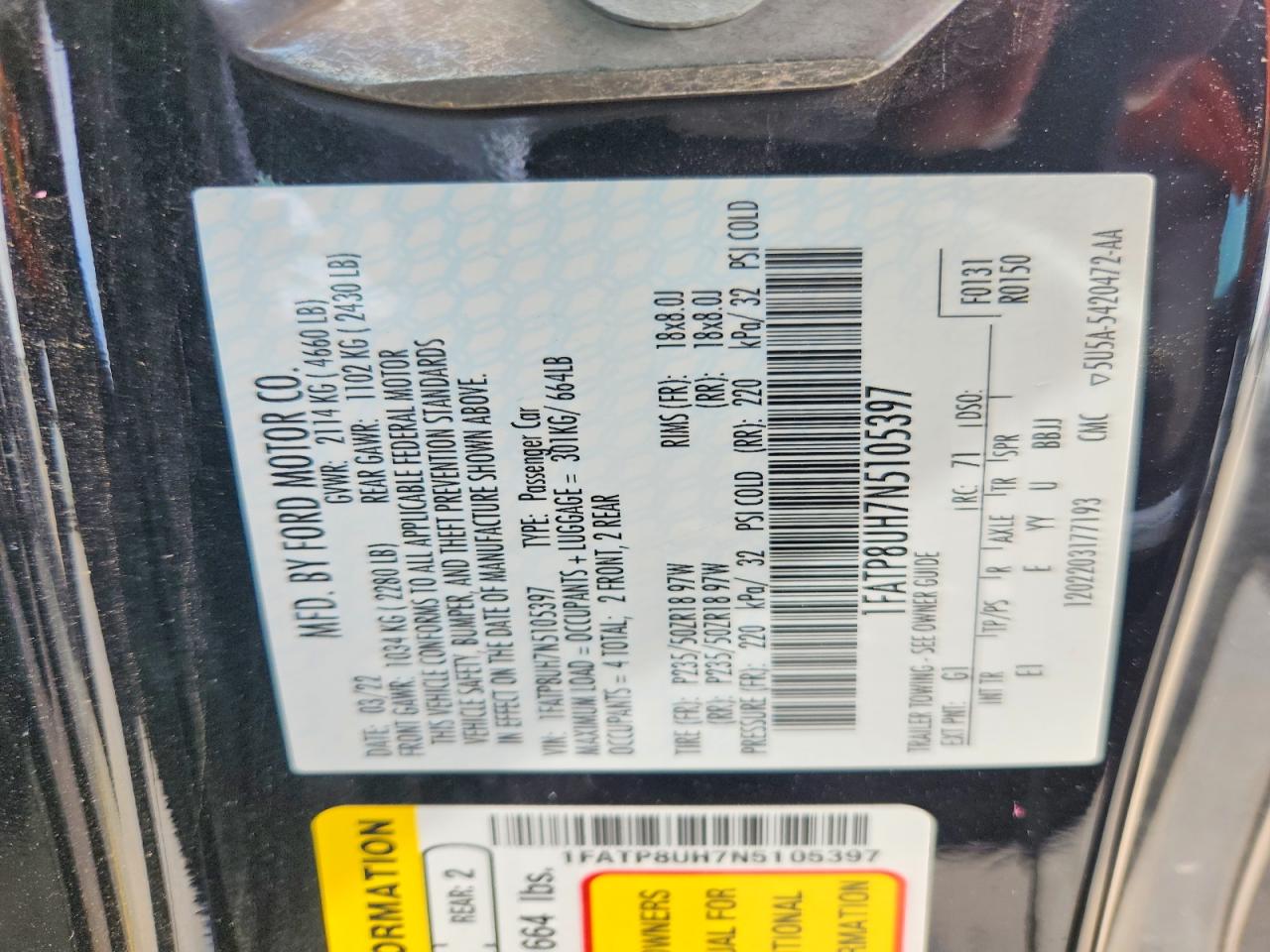 2022 Ford Mustang Black vin: 1FATP8UH7N5105397