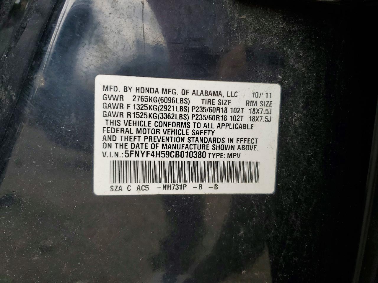 2012 Honda Pilot Exl Black vin: 5FNYF4H59CB010380