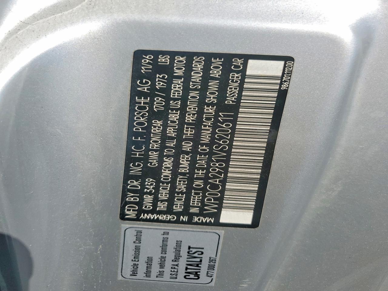 1997 Porsche Boxster Silver vin: WP0CA2981VS620611