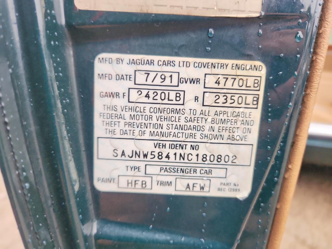 1992 Jaguar Xjs Green vin: SAJNW5841NC180802