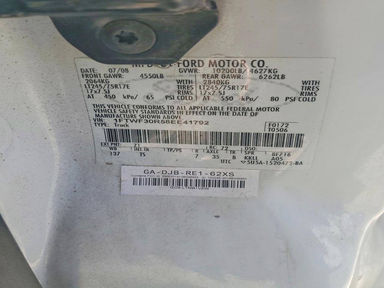 2008 Ford F350 Srw Super Duty White vin: 1FTWF30R58EE41792