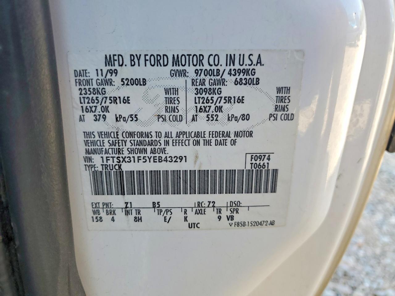 2000 Ford F350 Srw Super Duty White vin: 1FTSX31F5YEB43291