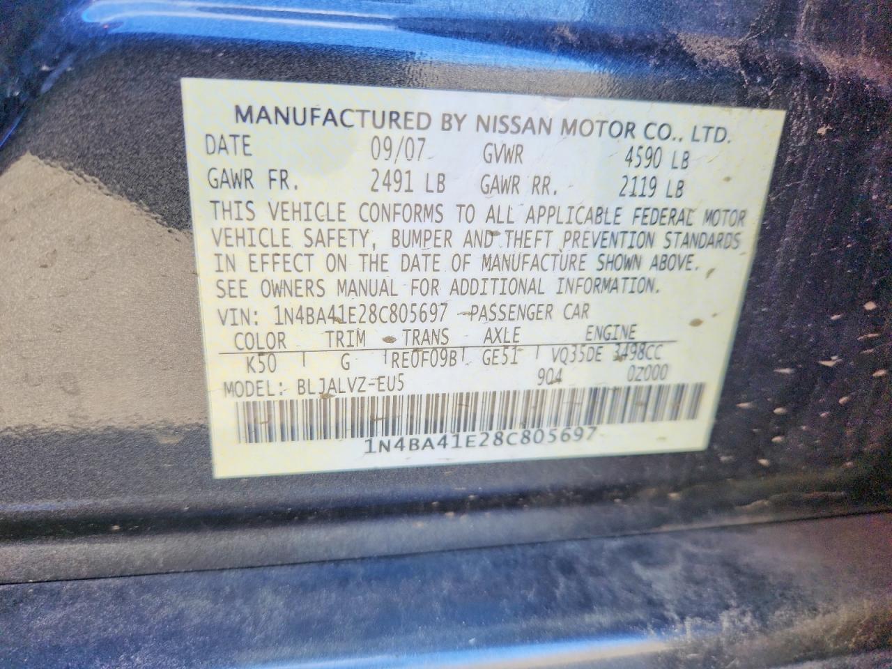 2008 Nissan Maxima 3.5 Se Charcoal vin: 1N4BA41E28C805697