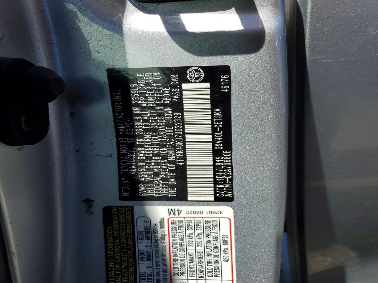 2007 Toyota Camry Se V6 Silver vin: 4T1BK46K37U032328