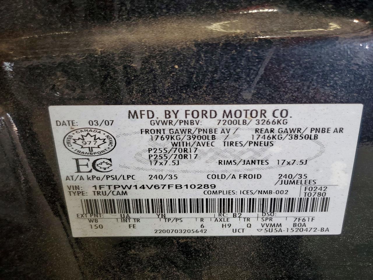 2007 Ford F150 Supercrew Black vin: 1FTPW14V67FB10289