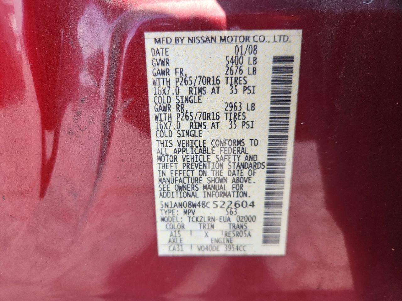 2008 Nissan Xterra X Maroon vin: 5N1AN08W48C522604