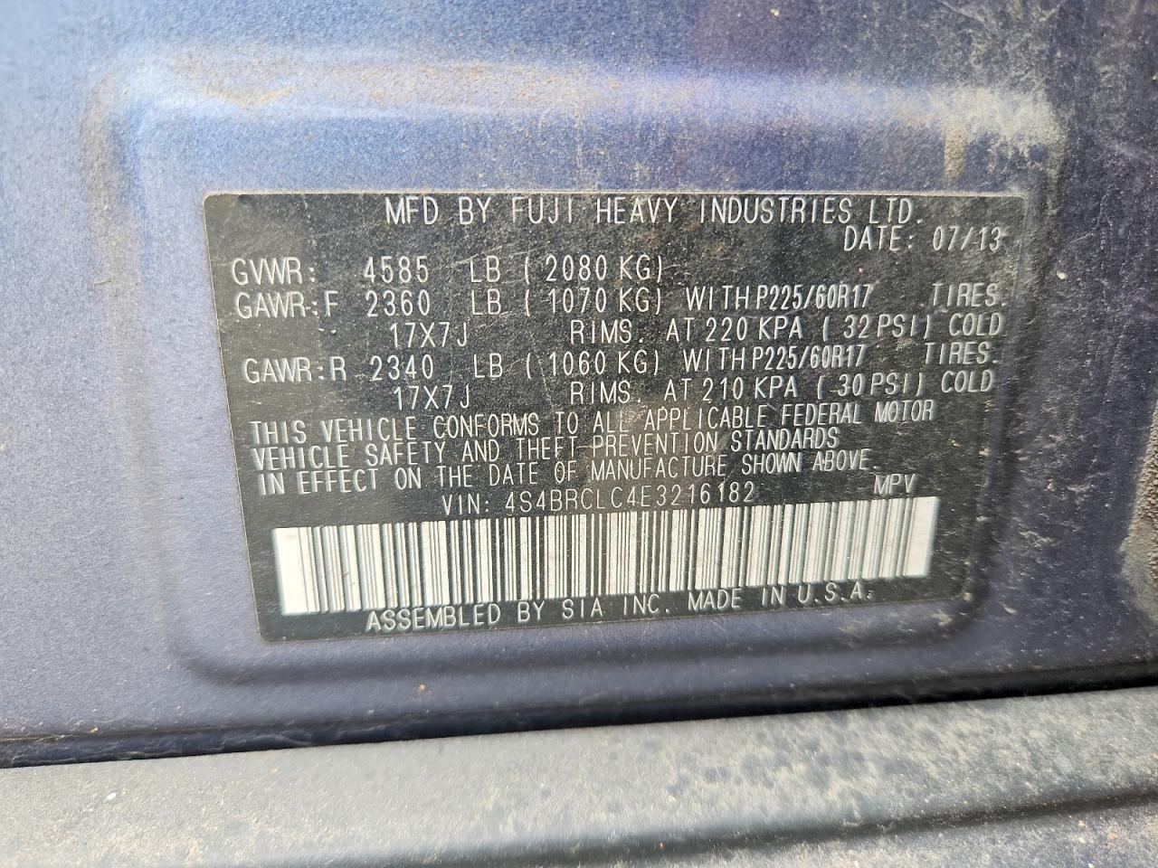 2014 Subaru Outback 2.5i Limited Blue vin: 4S4BRCLC4E3216182