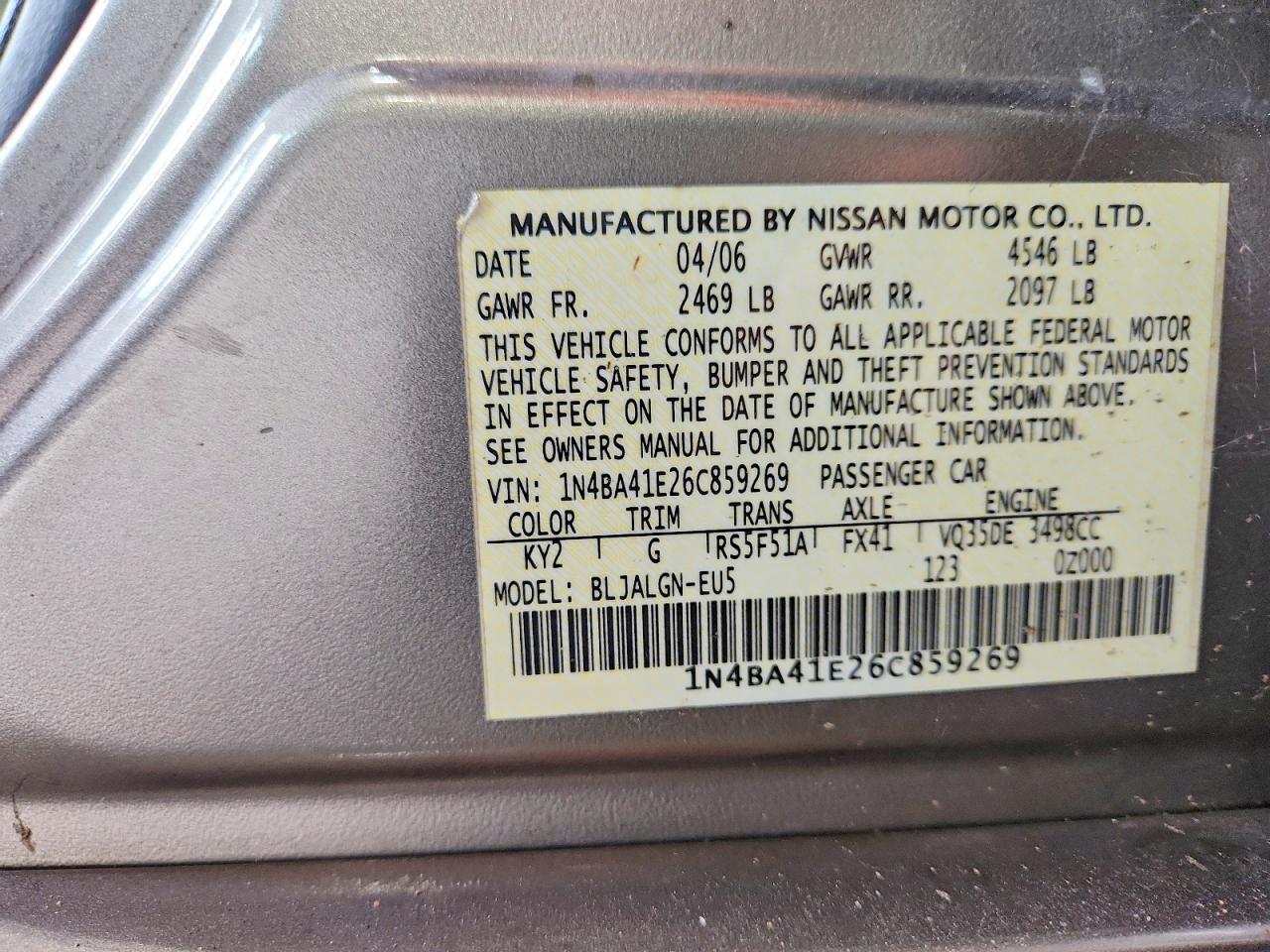 2006 Nissan Maxima 3.5 Se Gray vin: 1N4BA41E26C859269