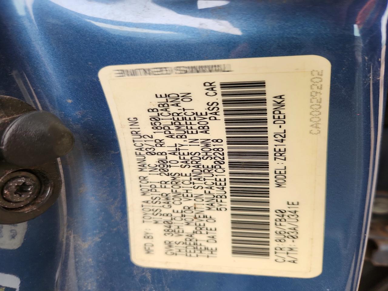 2012 Toyota Corolla Le Синий vin: 5YFBU4EE1CP022818