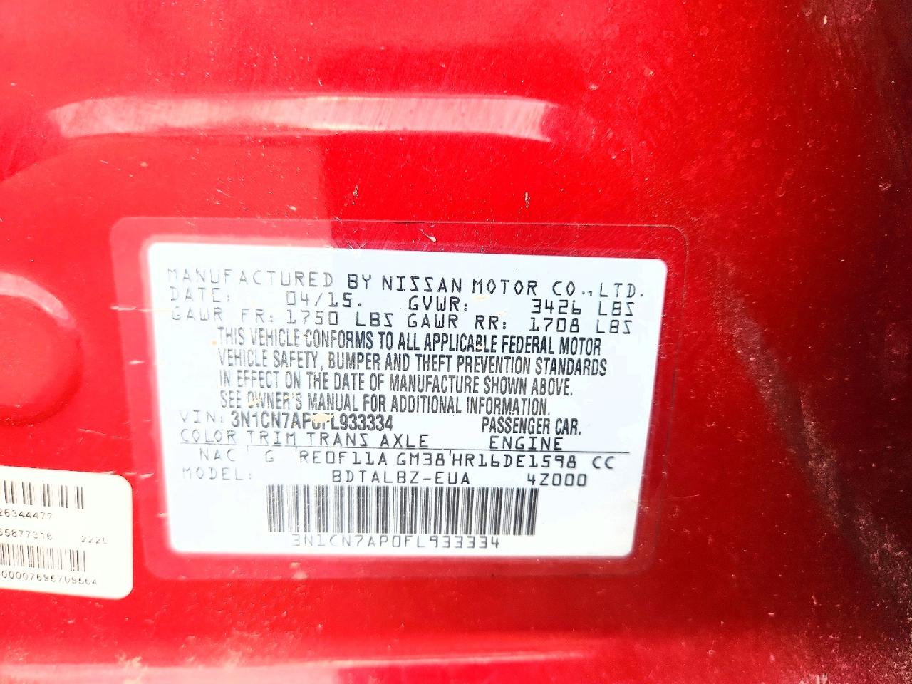 2015 Nissan Versa 1.6 Sv Red vin: 3N1CN7AP0FL933334