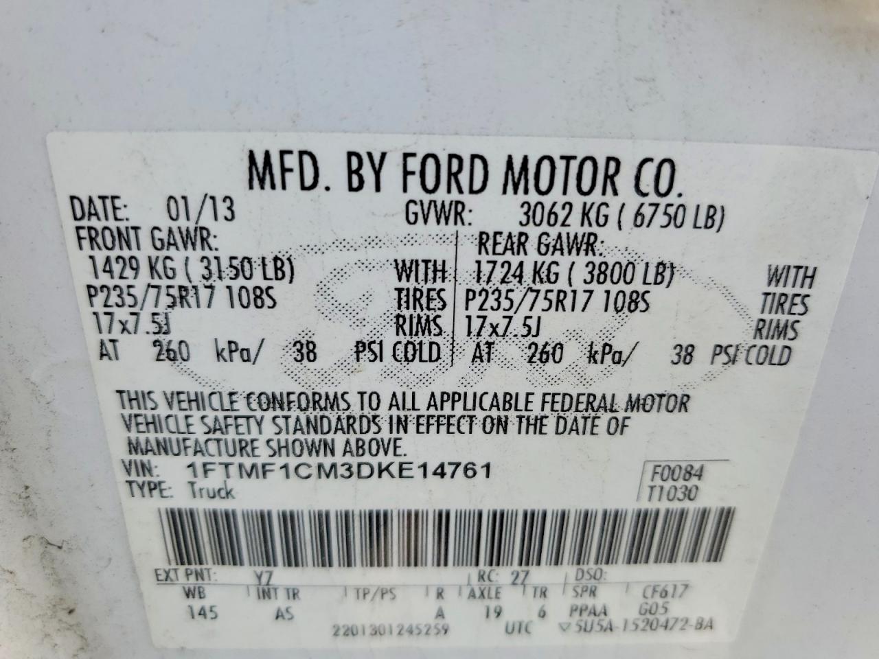 2013 Ford F150 Белый vin: 1FTMF1CM3DKE14761